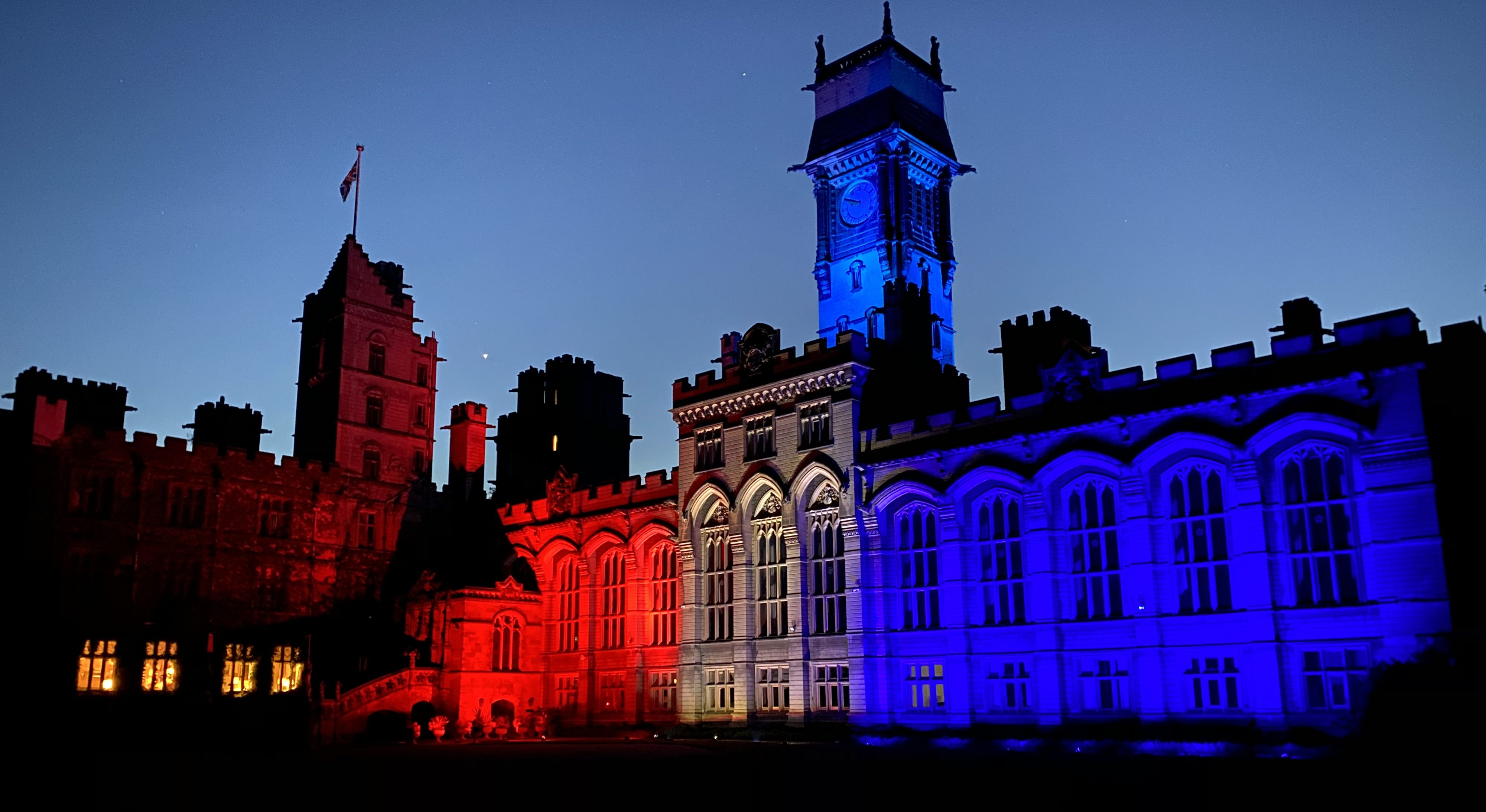 Carlton towers lit in red white and blue
